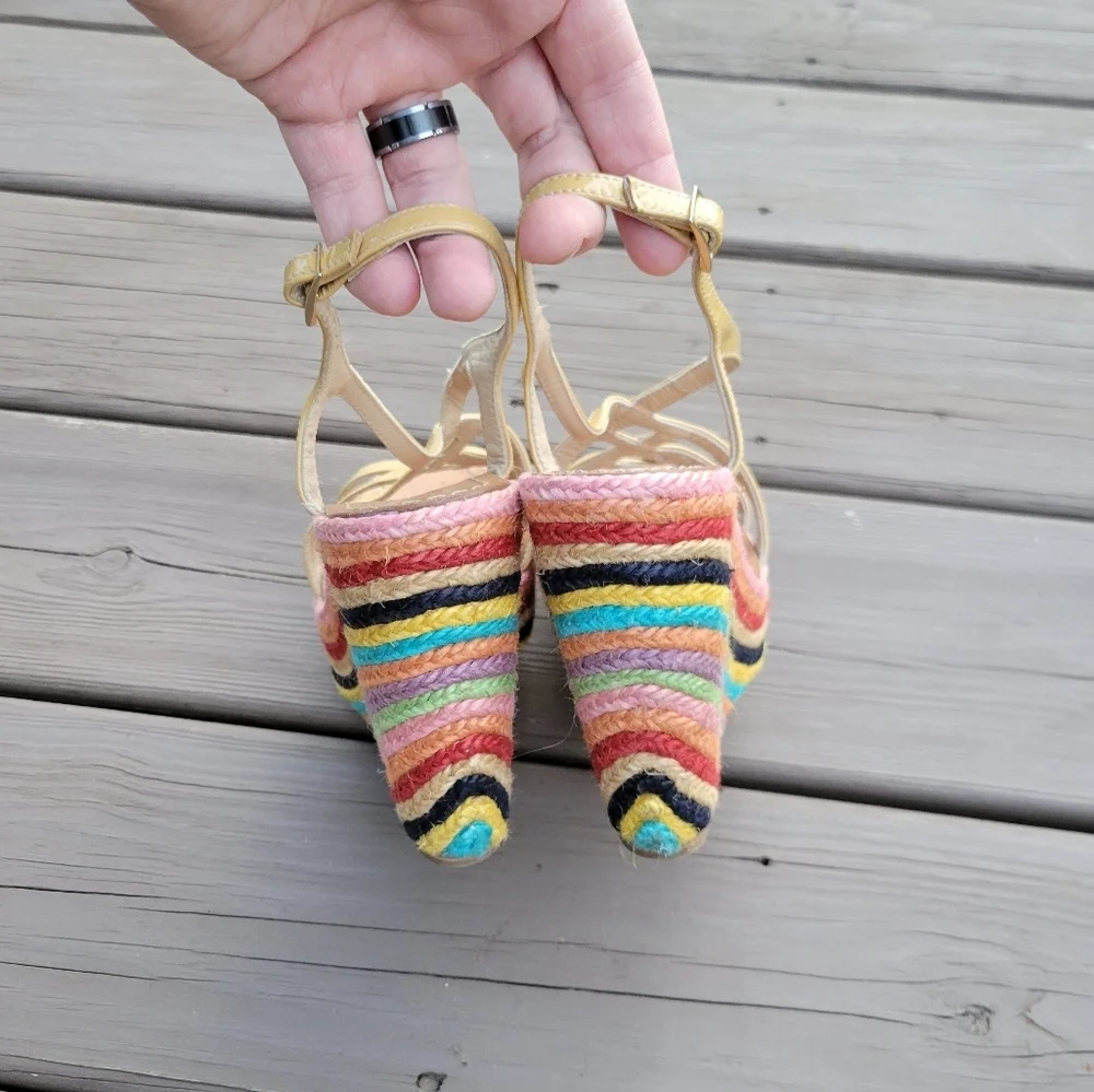 Kate Spade Lindsey Nude Leather‎ Strappy Rainbow Espadrille Platform Sandals 7.5